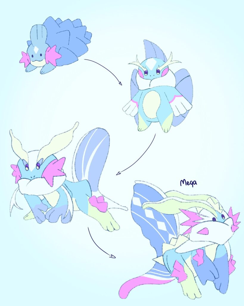 Mudkip line x Frosmoth/snom + mega evo (based on a friend's request)