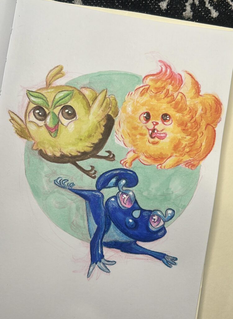 I drew the Gen 10 starters with markers and color pencils OC