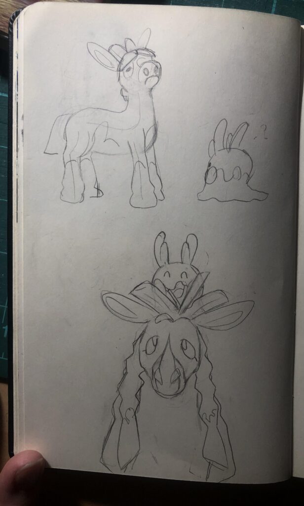 Rough sketches of my Mudbray/Mudsdale (Tallulah) and my Goomy (Puddles) (SWSH)