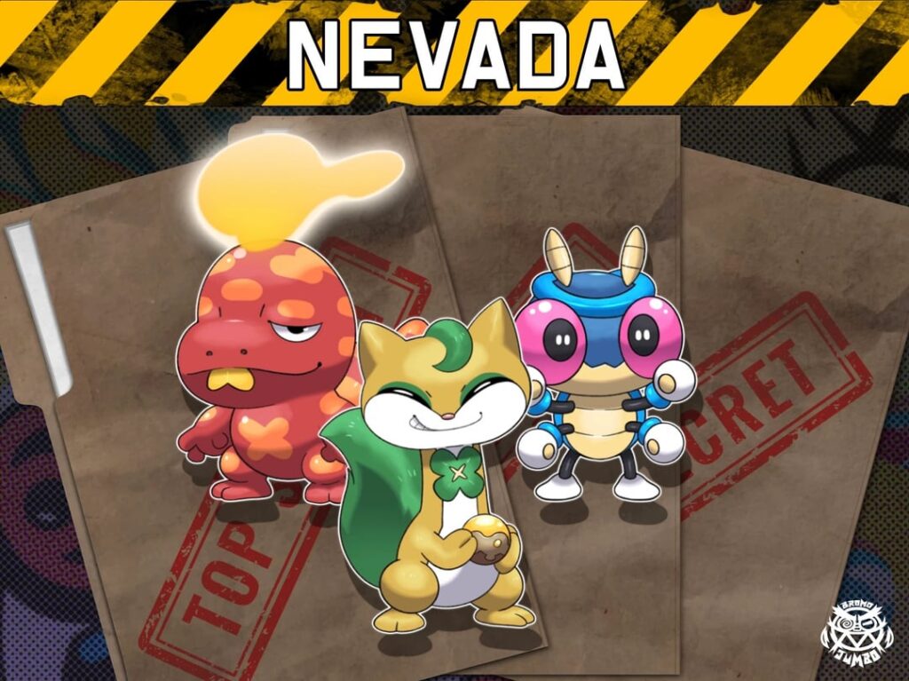 Starter Pokémon for a Nevada-based region: Smogila, Luckitt, and Buggle (by @bromojumbo)