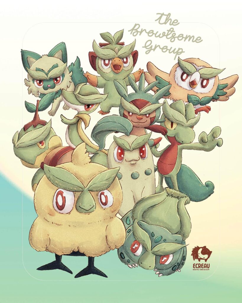 [OC] I drew all grass-type starters with Browt's iconic leaf brow.