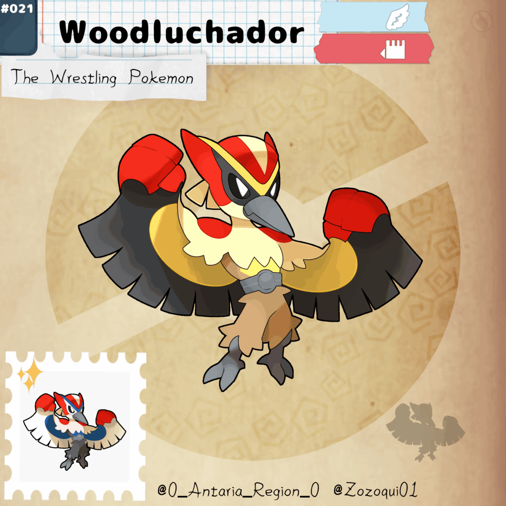 With a burning spirit, meet the native fighter of Antaria, the ultimate rival of Hawlucha: Woodluchador!