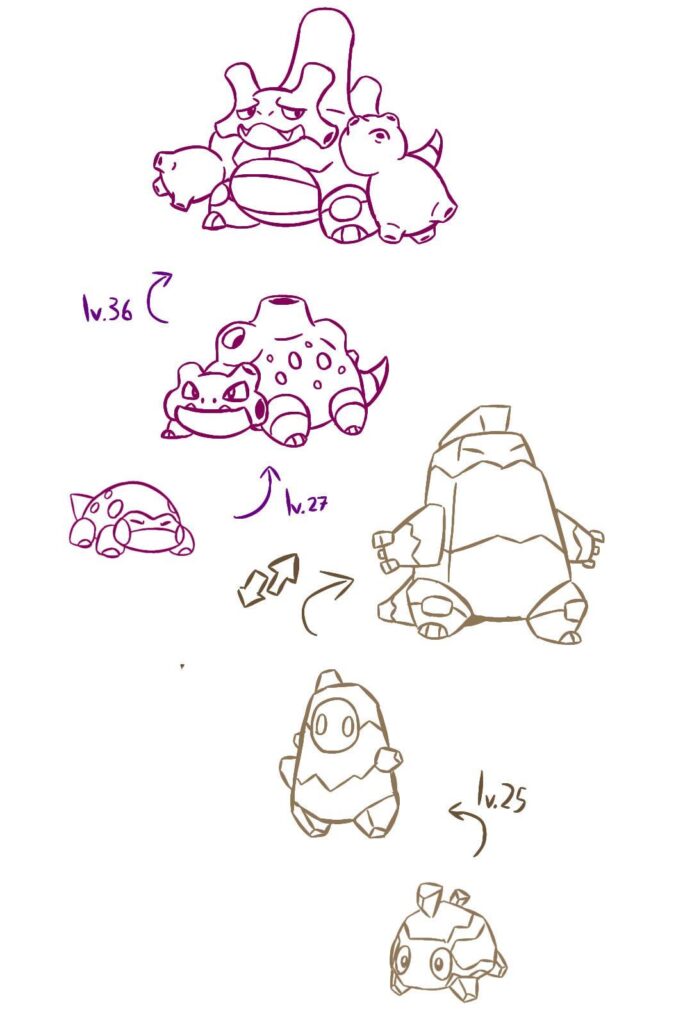 Sketches of two Fakemon lines, a poison type inspired on the Estemmenosuchus and a very standard rock type inspired on the Combarbalita stones