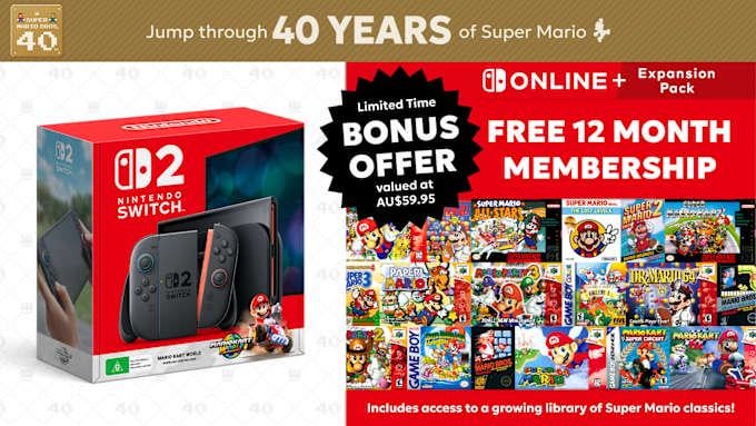 Aus and nz Claim 12 months of Nintendo Switch Online + Expansion Pack Individual Membership free with the purchase of a Nintendo Switch 2 + Mario Kart World Bundle between 10th March and 14th April!
