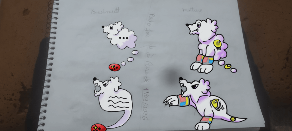 Hi guys i'm New here, so in the left we have my oc fakemon 1° form: baushmutt the 💭 and 💬 are Just like an animation. 2° form: mutture now It freed the red alive tail that was like it's guide and now has a yellow pearl to represent it's independency. More details on the descrition