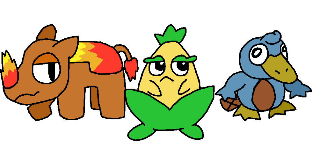 Fakemon Starters for a random region I made up on the spot (ALA Pokemon Clocked)