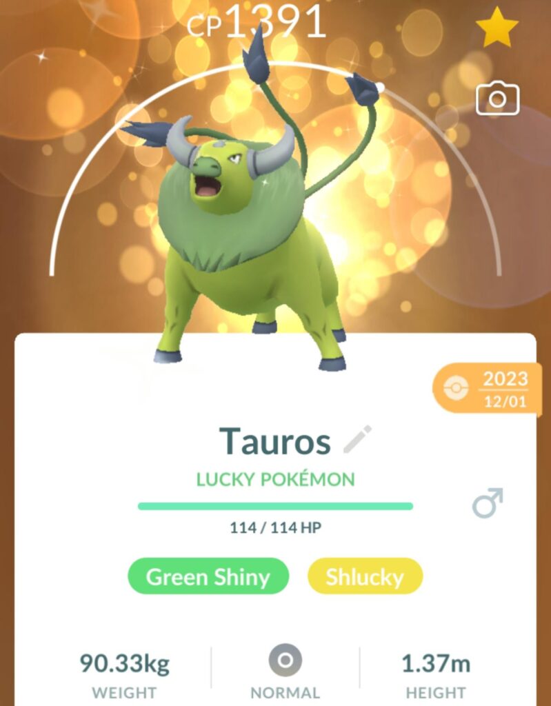 Have not found a wild shiny Tauros in hundreds of encounters,so a friend who knows i collect green shinys traded me one! 💚