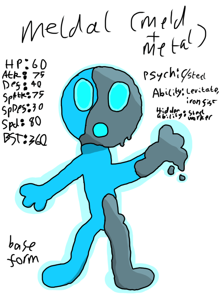 Found this place and wanted to show off my first ever fakemon, meet meldal, the amalgam pokemon