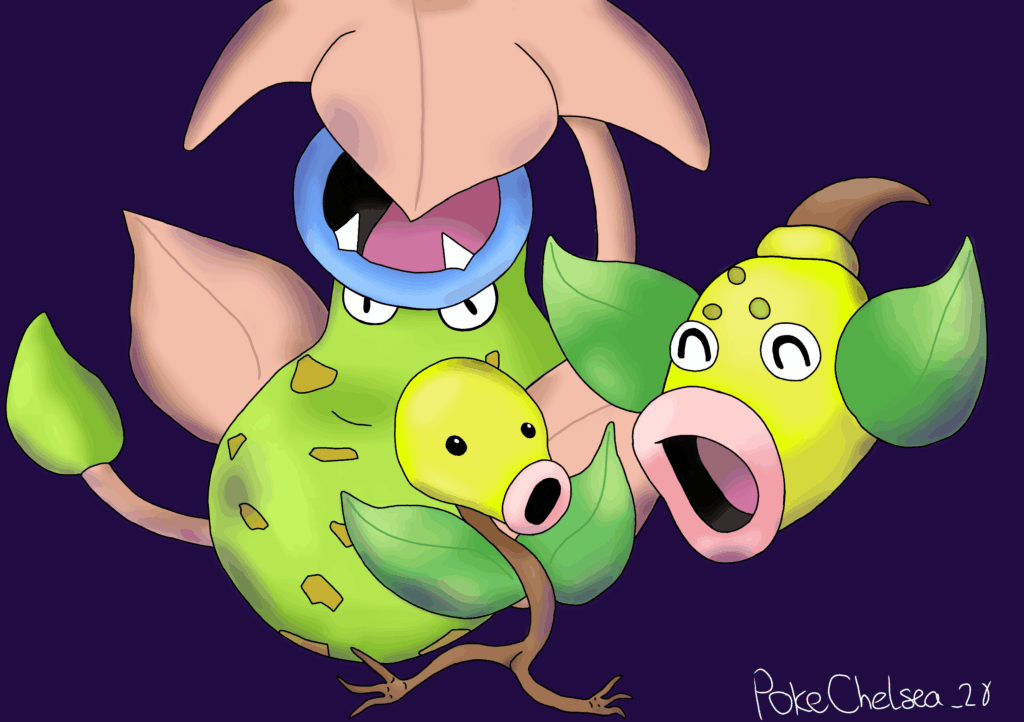 Bellsprout and its evolution line. (Ft shiny victreebel cause why not)