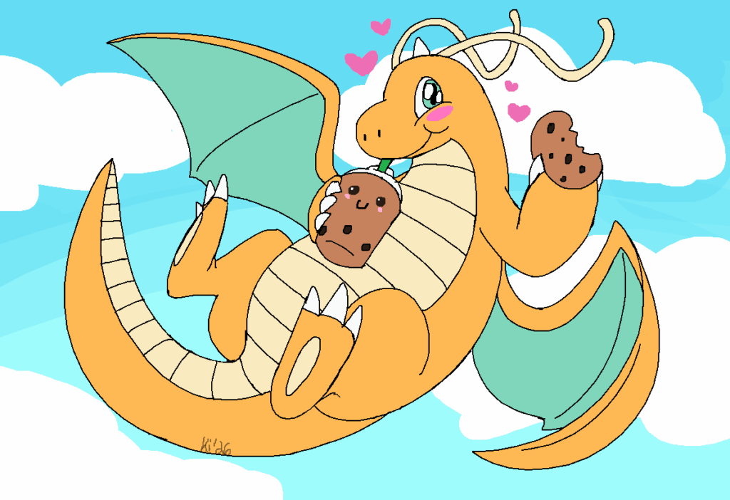 Dragonite with a Boba and Cookie! (Art by me)