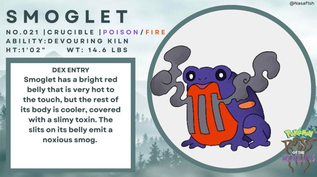 two more lines in my norway themed fakemon region, Ralok! Smoglet, smeltoad, fluffawn, and reingakti!