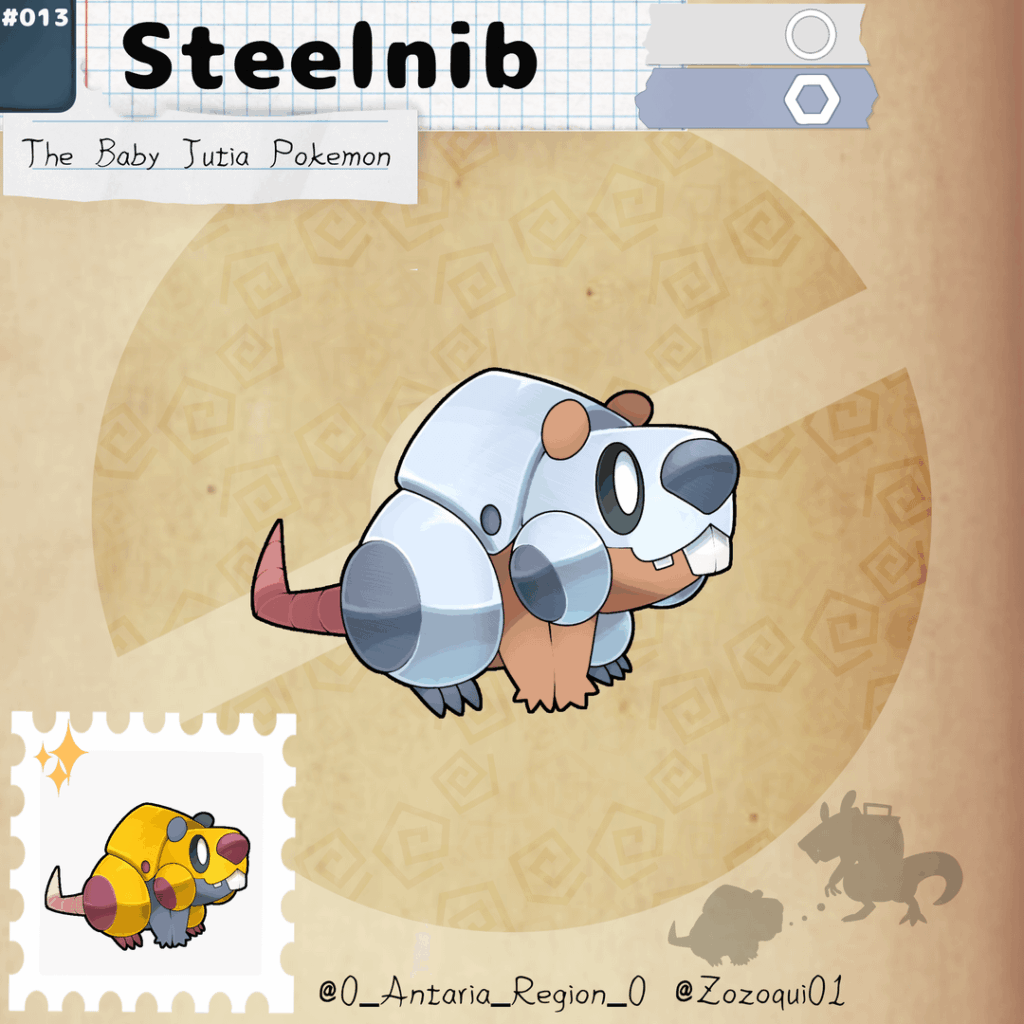 Wait, what is that metal shine on the grass? Oh! It's a Steelnib! Meet this little huy and it's evolution, the most common rodents of Antaria