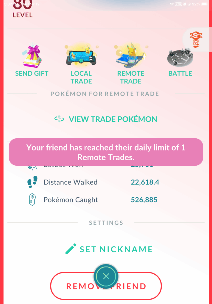 Your friend has reached their daily limit of 1 Remote Trades