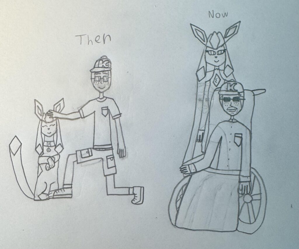 Here’s some fanart I made of my trainer OC, Evan, and Odeko Yma’s Glaceon OC, Glashia