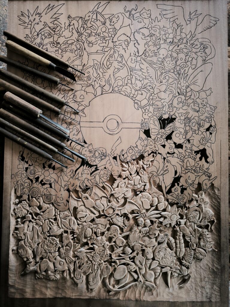 Carving this massive first gen 151 pokemon!! Trying to surpass my limitation. Big shout out to Art of Rachta Lin for giving me permission to use this awesome reference.