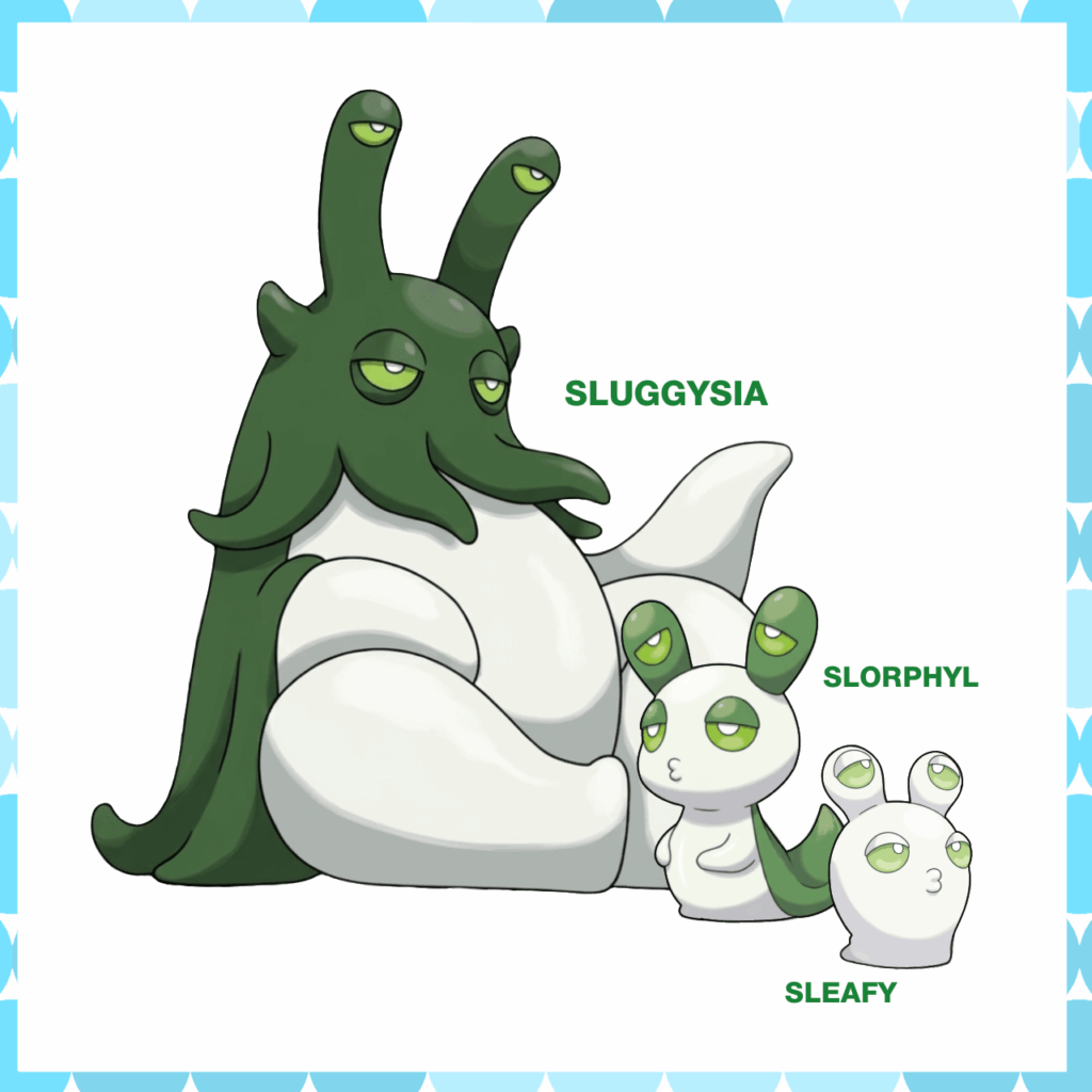 Grass starter for my latest region based on eastern emerald elysia (Elysia chlorotica)