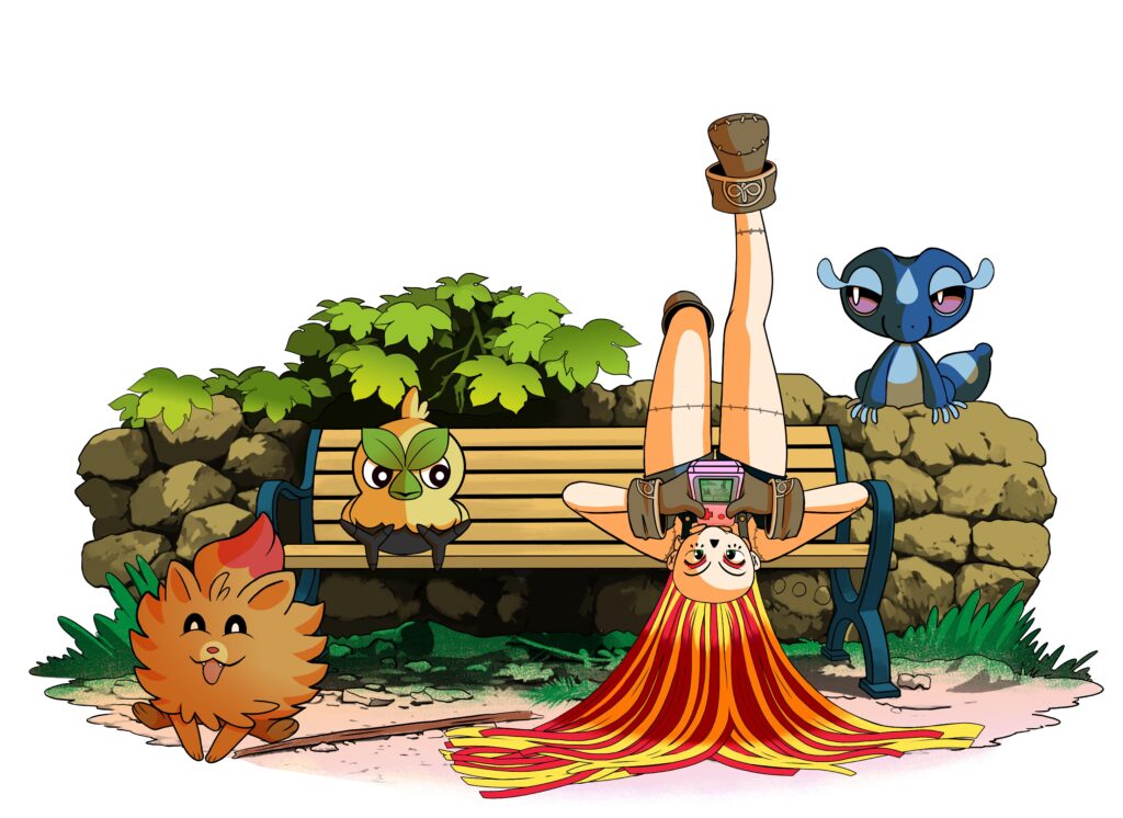 I was drawing my character and I made her interact with the new Pokémon.