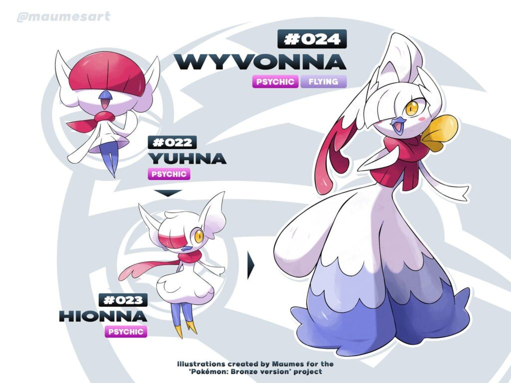 Yuhna evolution line, inspired by pop singers, idols, harpies and valkyries (by @maumesart)