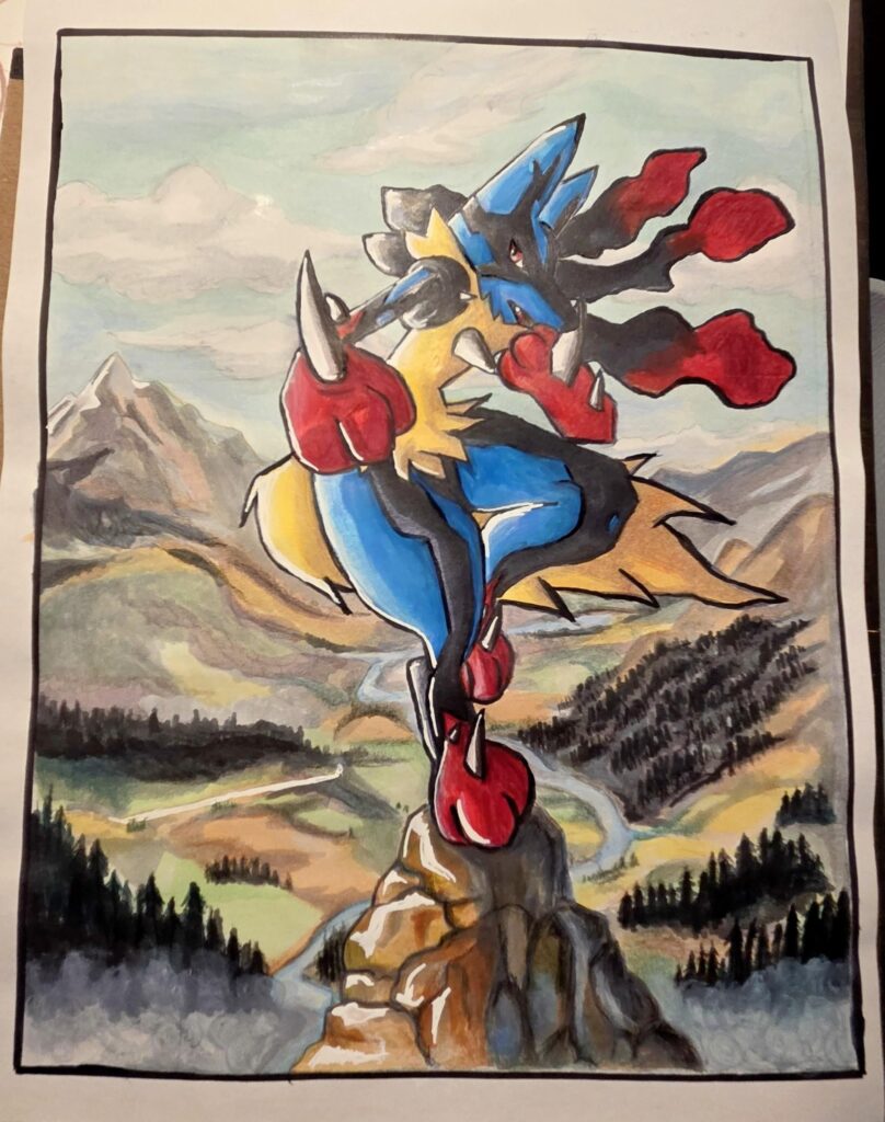 [OC] Finished just in time for Pokémon day! "Mega Lucario" is the name of the piece, hope you like it! Done with Copic Markers and Colored Pencils