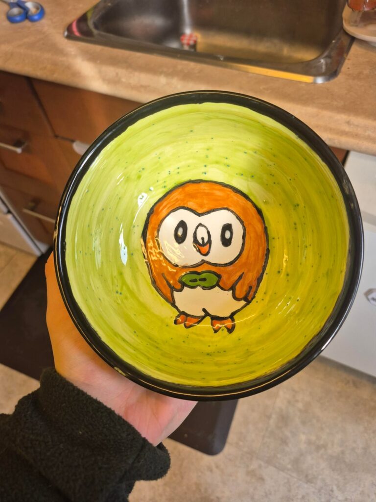 I painted this Rowlet bowl for my partner!