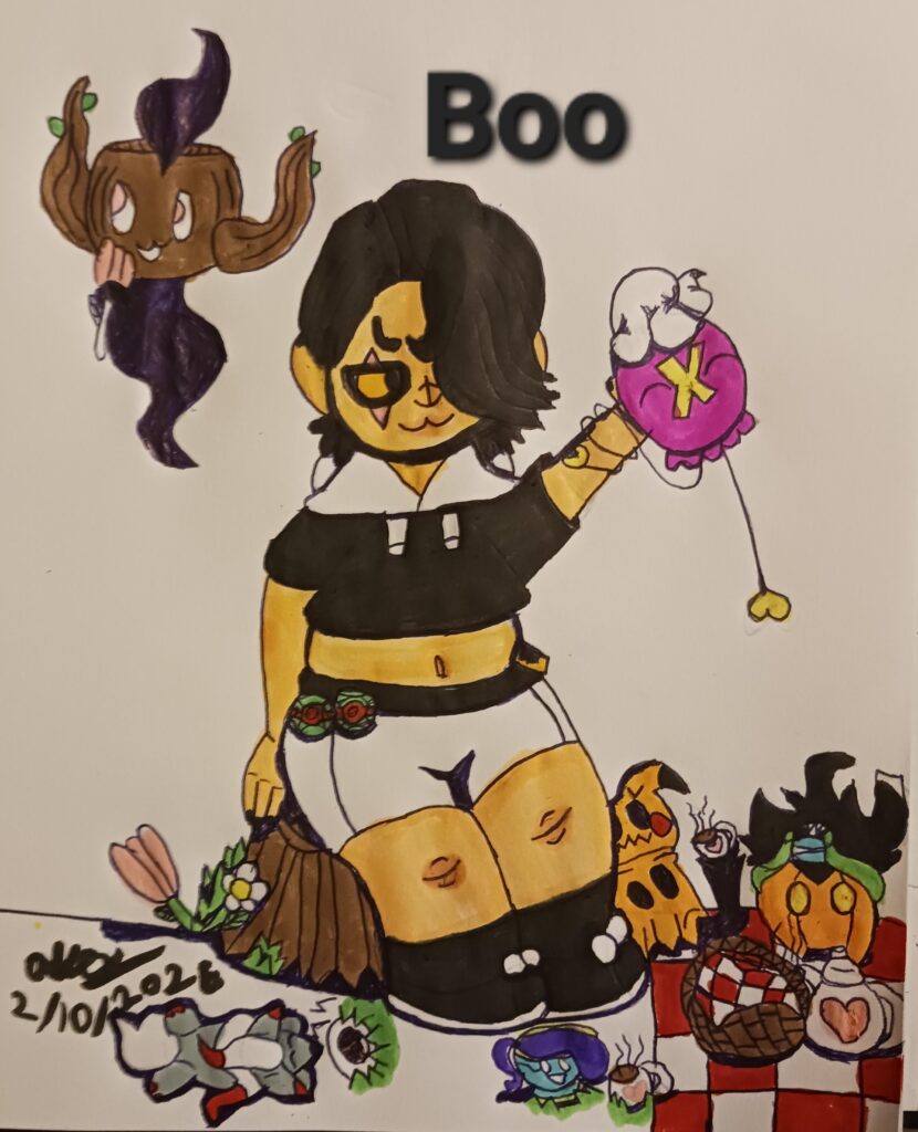 I drew my "evil" team leader Boo and his pokemon during one of there "team meetings", he's really just a sweet person who loves his pokemon and just thinks he's and evil team