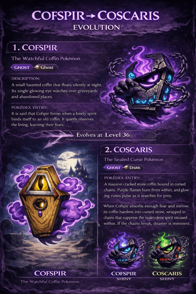 So I was thinking there is only one coffin pokemon (Cofagrigus) so I wanted to add one more to the list. So here I present Cofspir and Coscaris (the shiny ones, they are only for Coscaris they come in two manners I accidently typed Cofspir my mistake sry)!!!!!!!!!