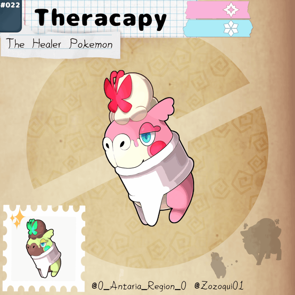The sun it's a very hard obstacle in your journey, the incredibly high heat of the Antaria region is the cause of more than one trainer getting into the hospital, but lucky for you, the Pokecenters have one unique Pokémon that helps with the heat: meet Theracapy and it's evolution!