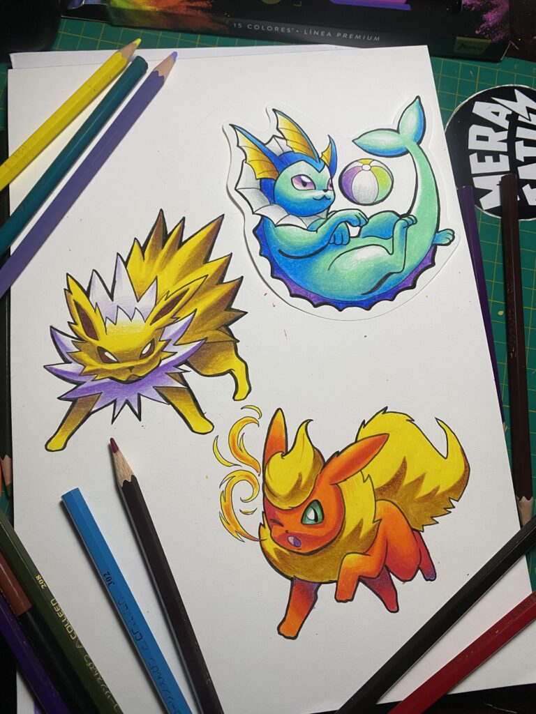 Flareon, Jolteon and Vaporeon with color Pencil @merahacedibujos