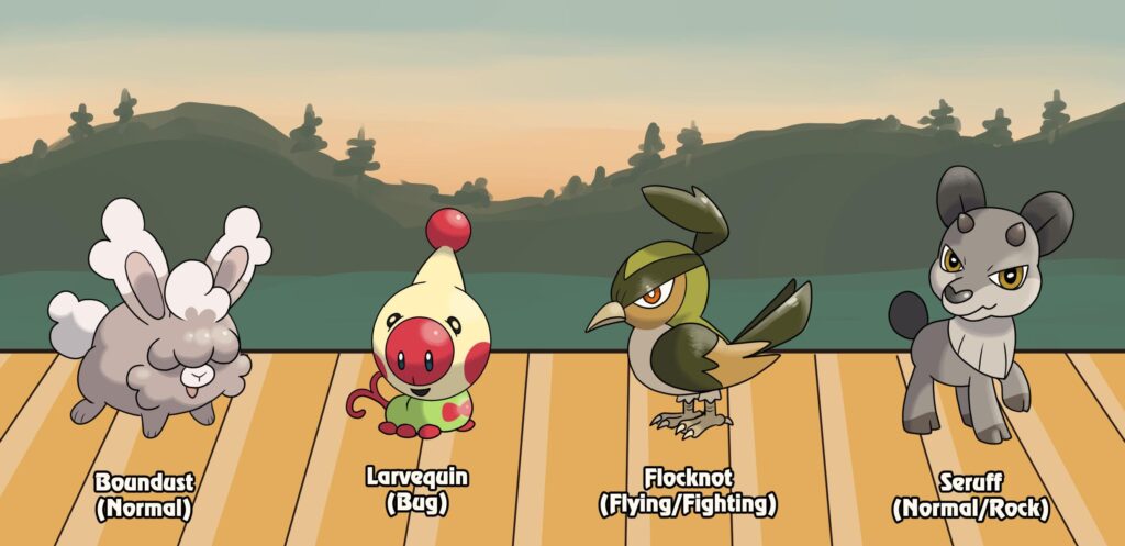 Some early route fakemon for a region based on the Chugoku region of Japan