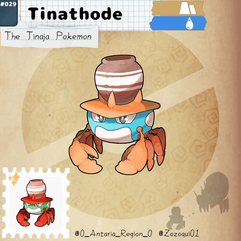 After a long journey, you get more into the caves, there you'll found a rare specie of pokemon that uses ancient human pottery as a very important part of them, meet: Tinathode and it's evolution
