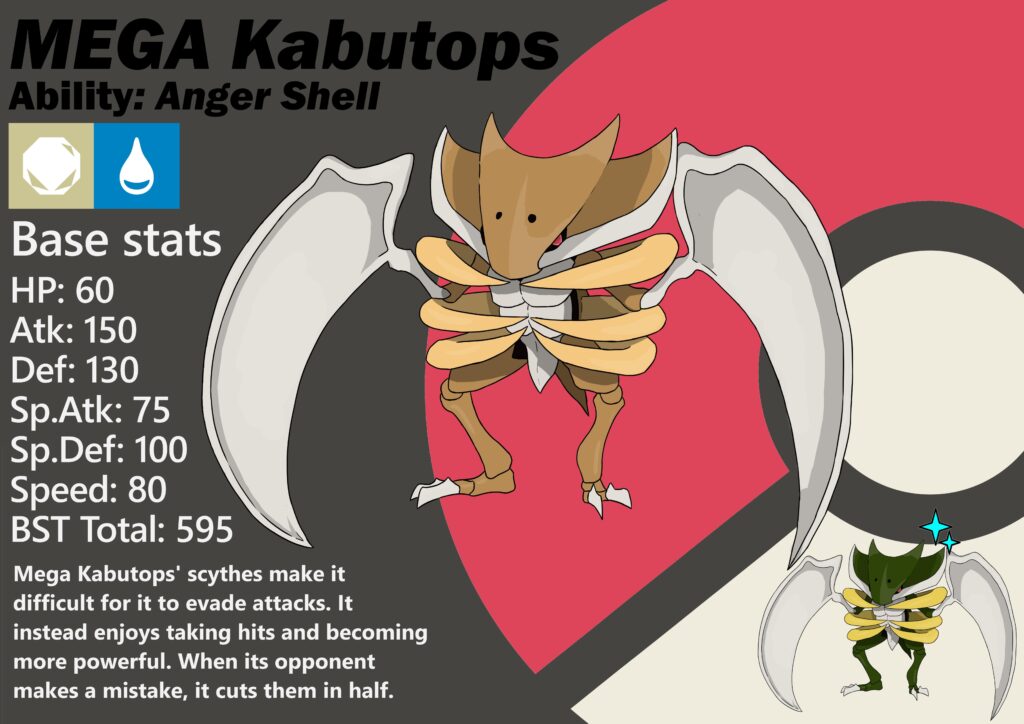 Mega Kabutops slices things in half with its comically large scythes.