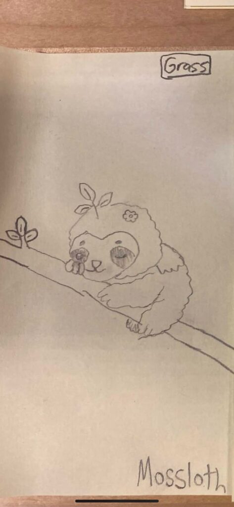 Mossloth, the environment Pokémon, the grass starter for this region. It spends most of its life hanging from trees, the moss that grows on its back purifies the air. When it evolves it slowly walks the forest floor as to not disturb the Pokémon and plants growing on its back.