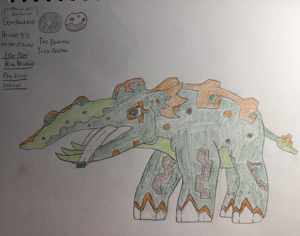 Gomphacero. A Split-Evolution from Cufant that occurs when it is holding a Kings Rock by Lv.34. Based on Platybelodon and Gomphotherium.