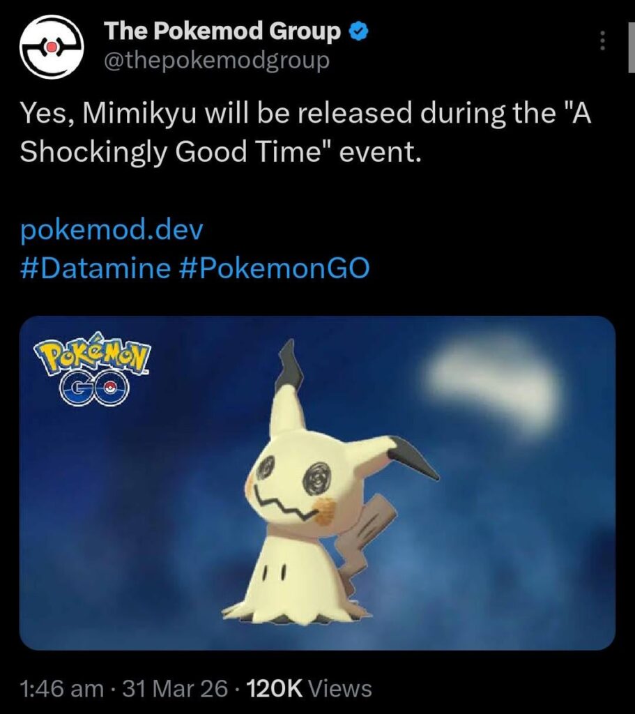 Mimikyu will be releasing during the a "Shockingly Good time" event.🥳