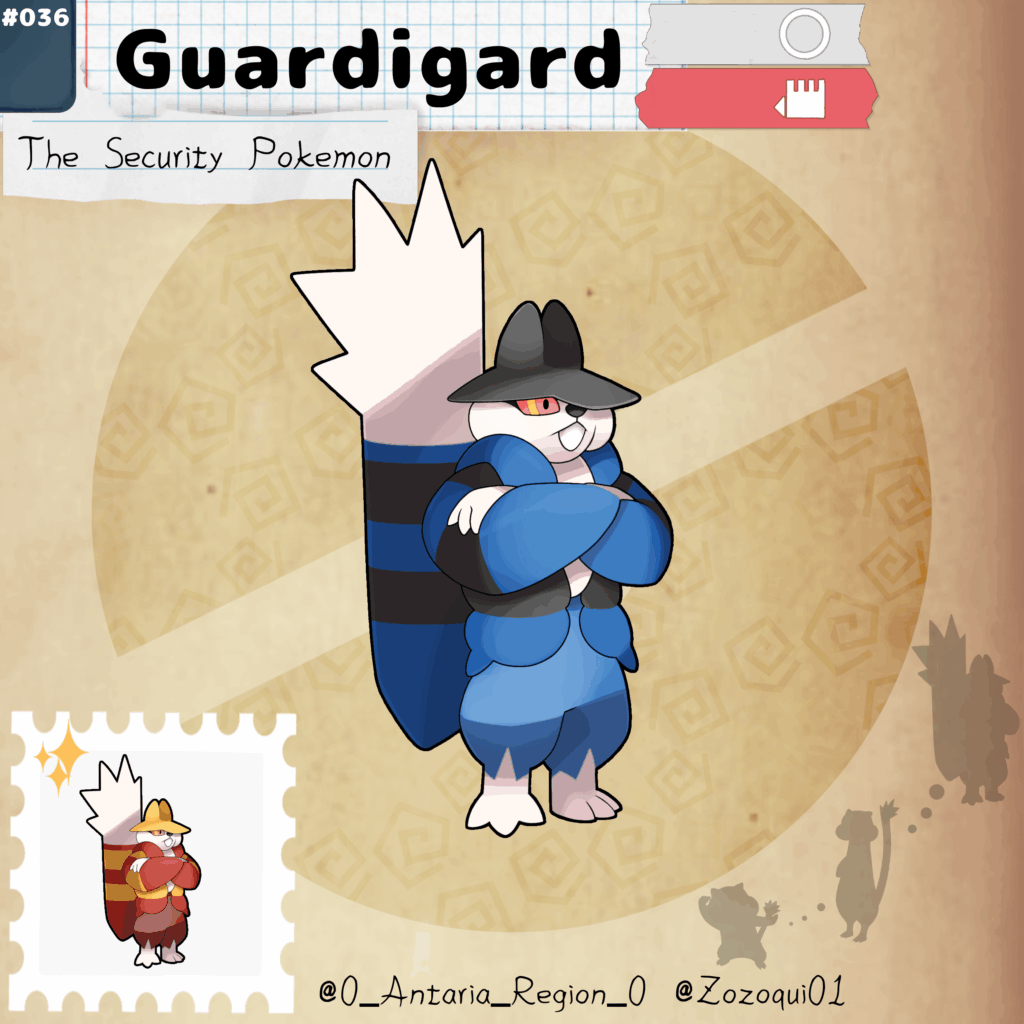 In the Antaria Region many Pokémon found themselves full of New energys, some of them are so powerfull that can eve cause a new evolution on a Specie! Meet: Guardigard, a new evolution of Watchog
