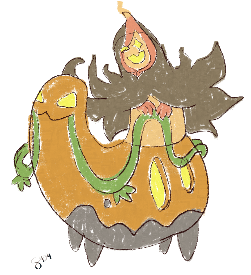 [OC - my art] I designed an evolution for Gourgeist to eventually play in a Pokemon TTRPG I'm in now~ Meet Squllahan