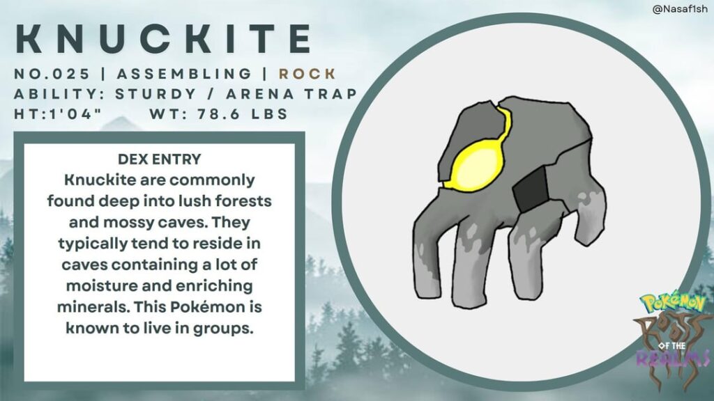 Knuckite, Ligamite, and Golichaton, a line of rock/grass type pokemon in my Norway region, Ralok