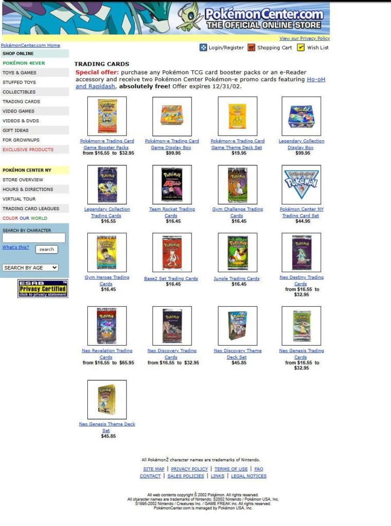 A look back at the Pokémon Center, and its prices (2002) using the WayBack Machine