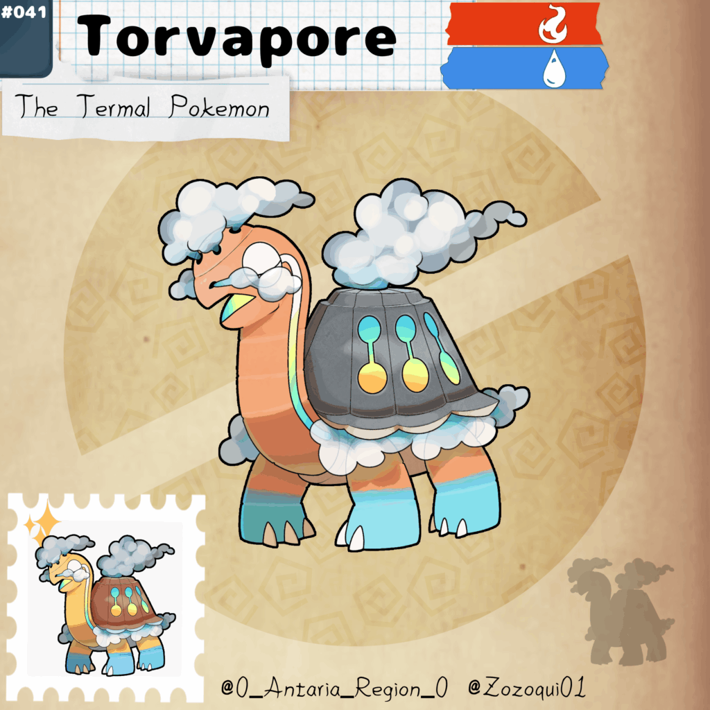 In the high, cold tops of the mountains of Antaria, a very singular specie of Pokémon lives, the natural termal ponds are the only place to scape the freezing cold, and this Pokémon is the principal cause for this ponds to exist, meet: Torvapore! A Convergent form of Torkoal