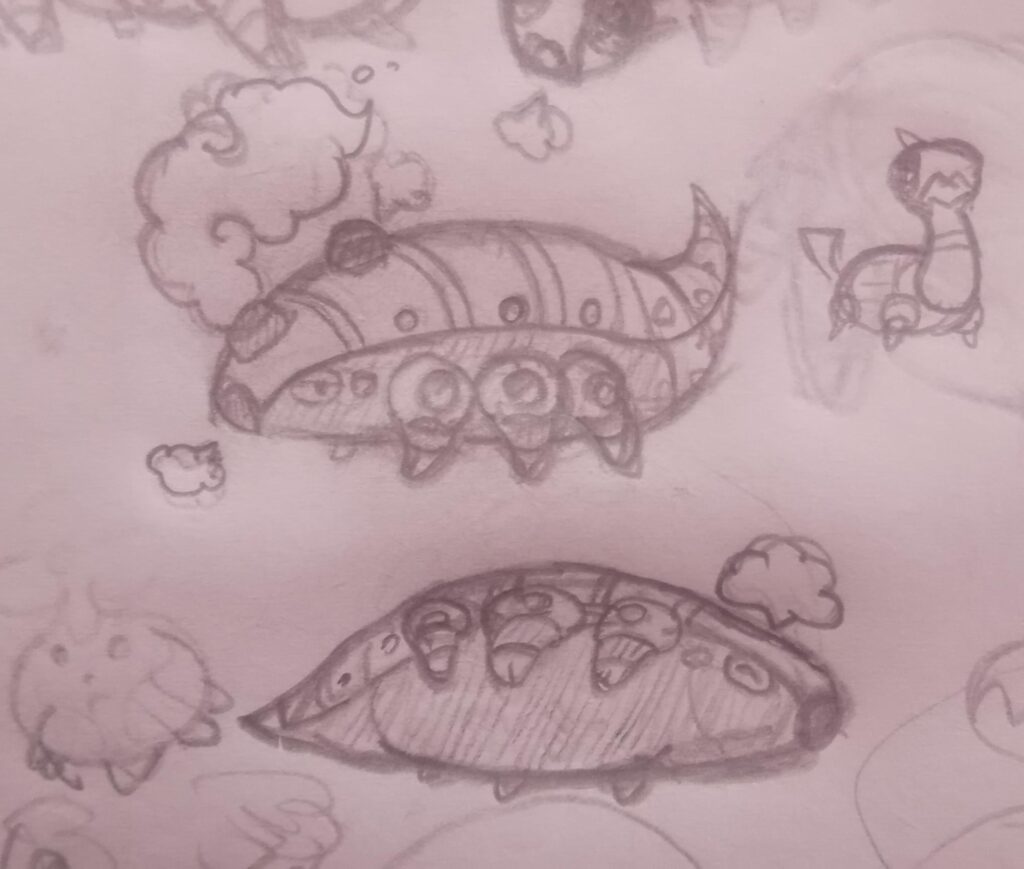 Idea for a chonky centipede steam engine based fakemon