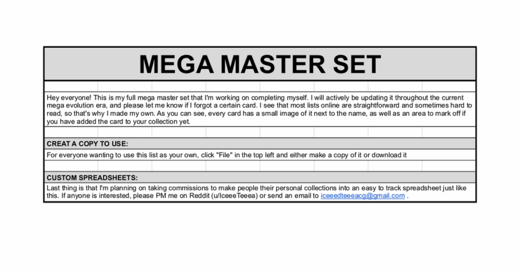 FULL MEGA MASTER SET - Spreadsheet