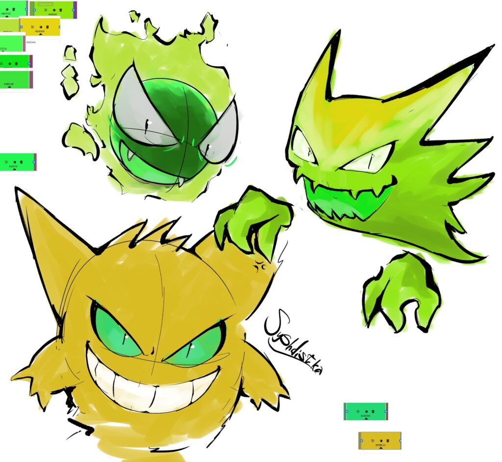 Gastly, Haunter and Gengar with their respective complementary colors [OC]