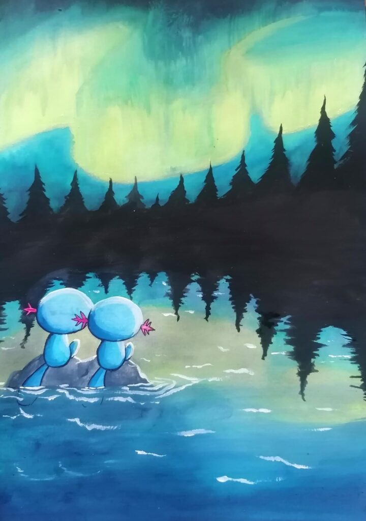 Two Wooper in a pond chilling near the Union Cave in Johto under polar lights, combind artwork with Quagsire