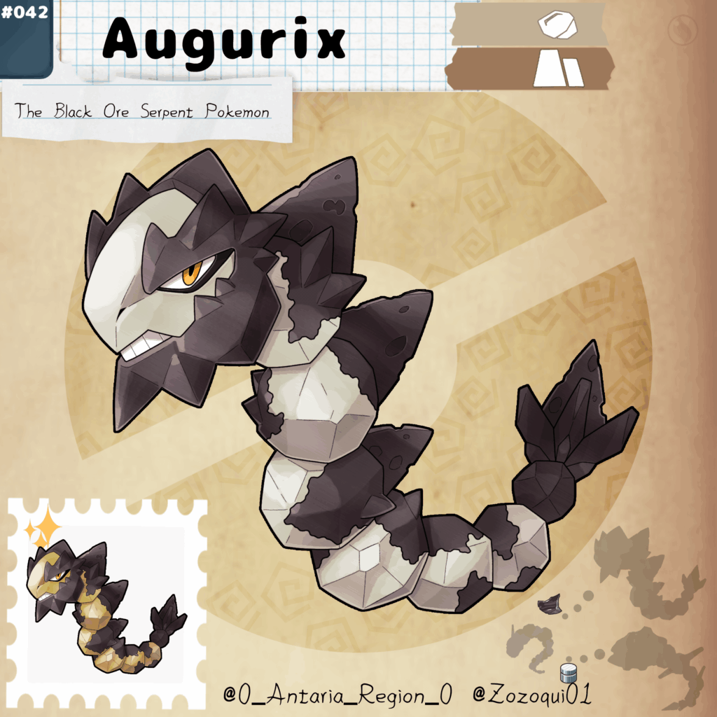 A weird fenomenom has been founded in the rocky sides of the region, near the mountains a great Ore of Augurite, the Black Paldean Stone has been developed since a few months ago and now it has a effect in some Pokémon, and some species like Onix has developed a new evolution, Meet: Augurix