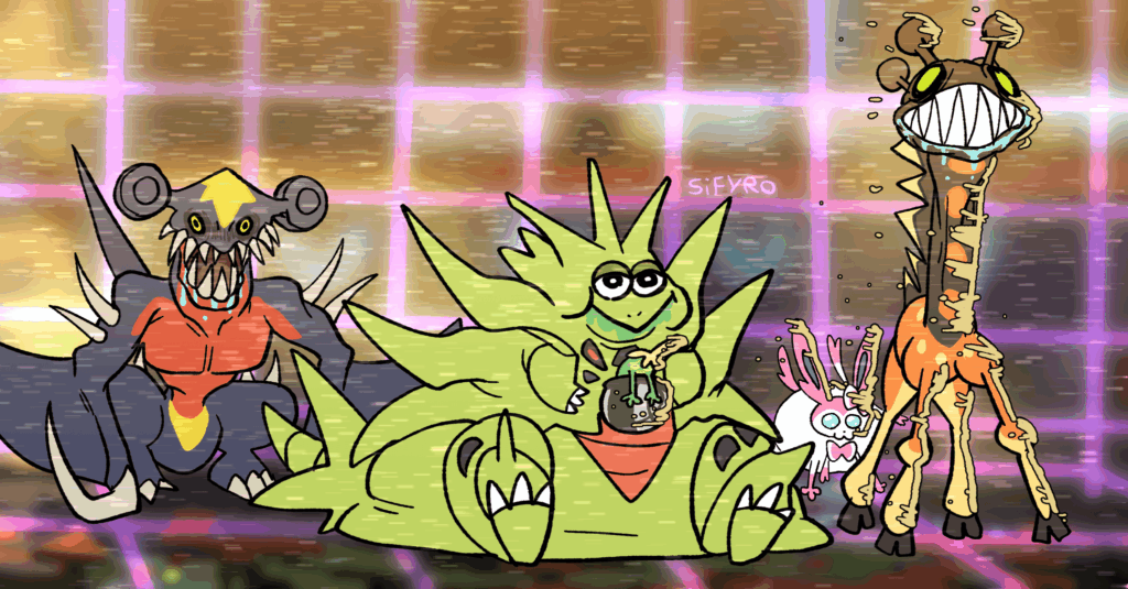 Day 2 of my Pokemon Champions experience. Tyranitar's polycule is growing. (Art by me)