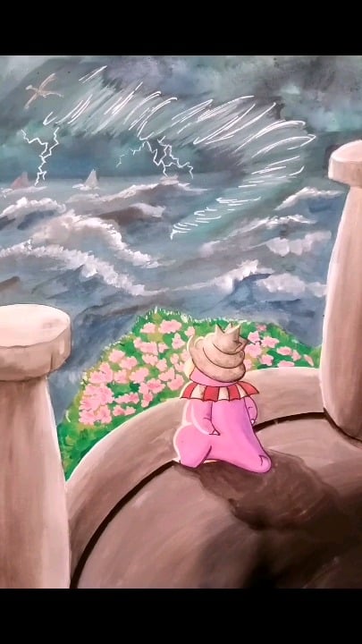 Slowking standing on Shamouti watching the sea, where the island of fire, thunder and ice are in a storm that Lugia creates, pokemonfanart by me