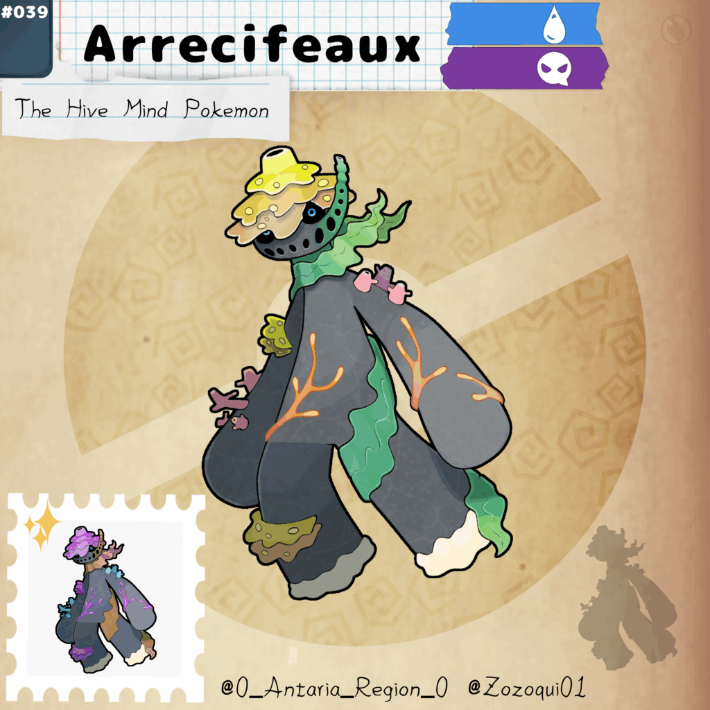 If you dare to dive in the sea, you'll probably see a beautiful variety of reef coral, but beware, trainer, one sinister Pokémon hides at bare sight, meet: Arrecifeaux, a Convergent evolution of Cacturne