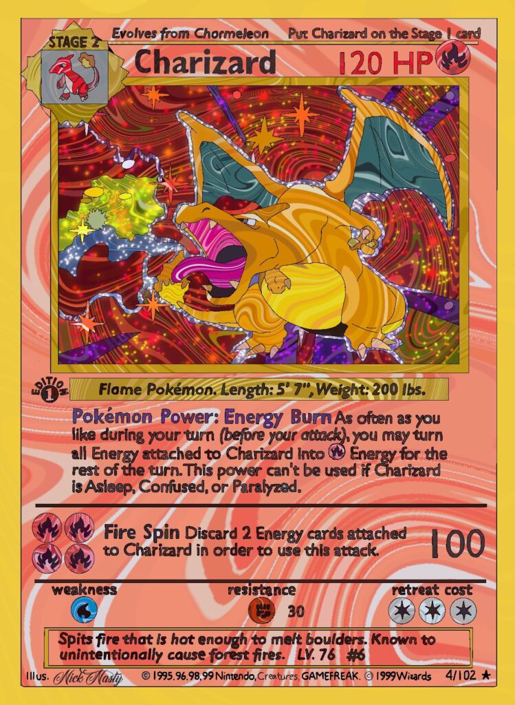 I threw my digital art style over a 1st charizard card