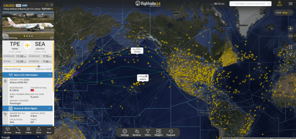 Freshly launched! The new China Airlines Pikachu Jet CI2 (A350) crossing the Pacific on one of its very first flights.