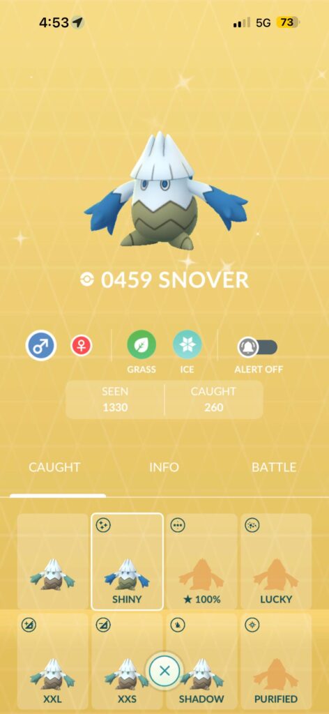 After 1,330 encounters, shiny snover is finally mine!